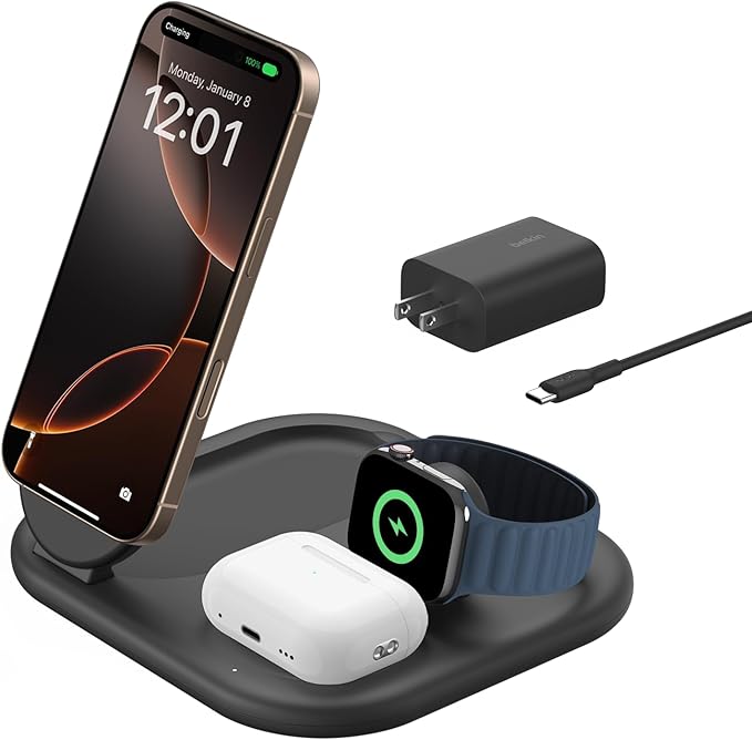 Belkin 3-in-1 MagSafe-Compatible iPhone Charger - Foldable Magnetic Qi2 Certified, MagSafe Charging Station for Phone, Apple Watch, AirPods - Wireless for Multiple Devices
