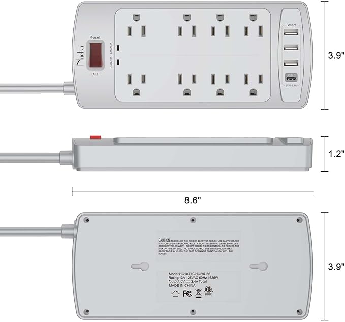 Surge Protector Power Strip - Nuetsa Flat Plug Extension Cord with 8 Outlets and 4 USB Ports, 6 Feet Power Cord (1625W/13A), 2700 Joules, ETL Listed, Grey