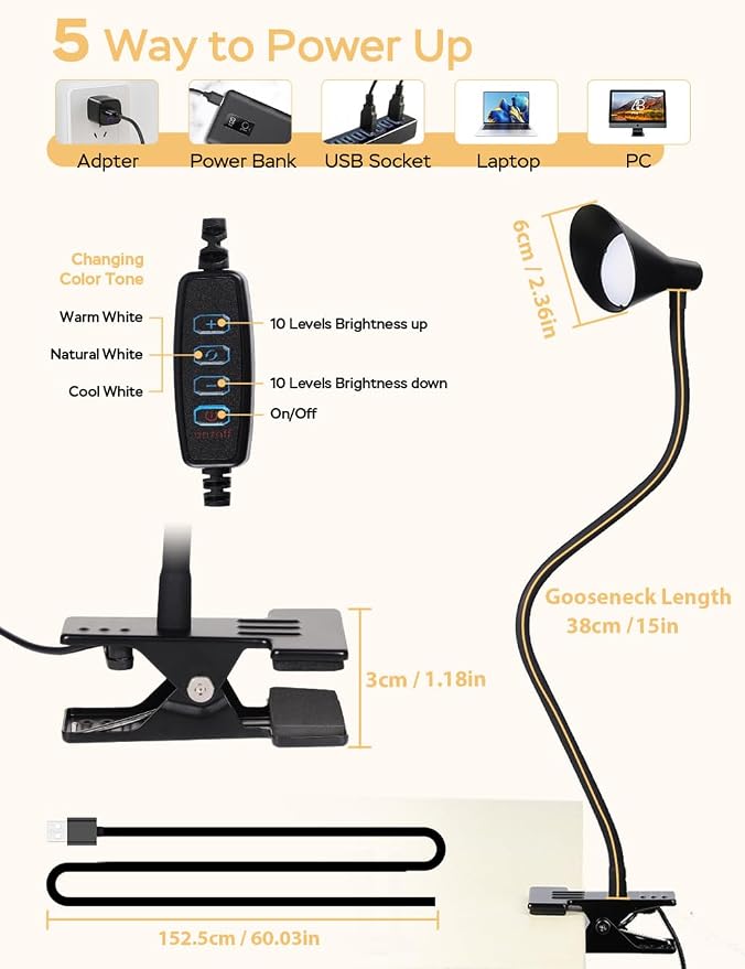 LiFMIRA Clip on Light USB Reading Light Desk Lamp 3 Color Modes Black | 10 - Image 5