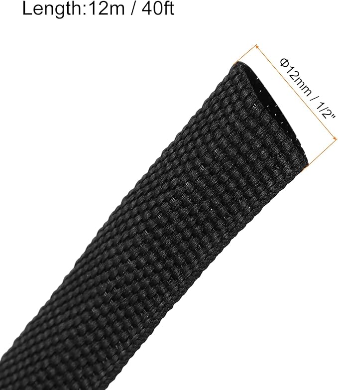 MECCANIXITY Braided Cable Sleeves Heat Shrinkable Fabric Sleeving, 1/2" 40ft Black 2:1 Ratio Heat Shrinkable Cord Protector for Harness Cable, Network Cable Protection, Cable Management