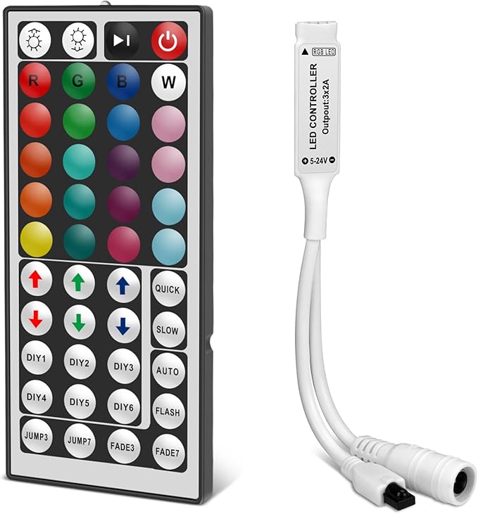 RGBZONE 4-PIN LED Controller, 44-Keys IR Wireless Remote Control, DC 5V/12V/24V RGB LED Light Strip Controller for SMD 3528 5050 5630 RGB LED Strips
