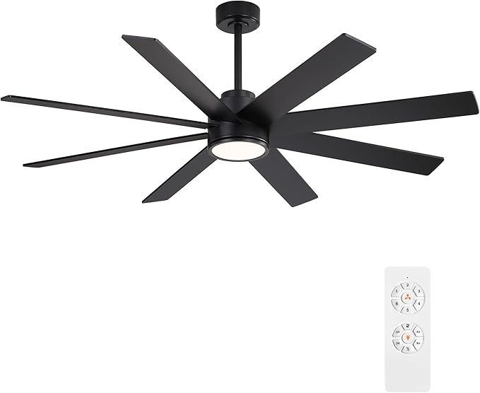 WINGBO 60" Large DC Ceiling Fans with Lights and Remote, 3 Downrods, 8 Plywood Blades, 6-Speeds Reversible DC Motor, 3CCT, Indoor Ceiling Fan for Bedroom Living Room Patio, Black