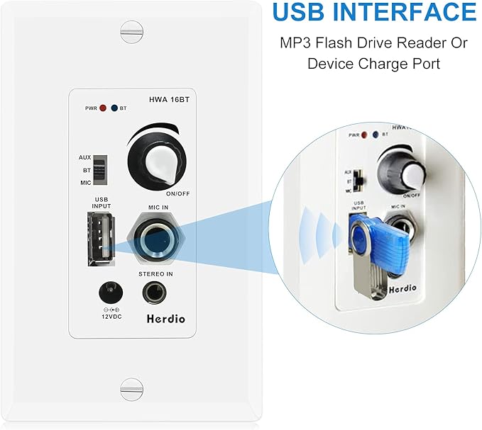 Herdio in Wall Audio Control Amplifier Receiver 2 Channel Wall Plate with USB Microphone Aux (3.5mm) Input 100Watt Max Module for Sound Systems Home Theater Integration Compatible with Bluetooth