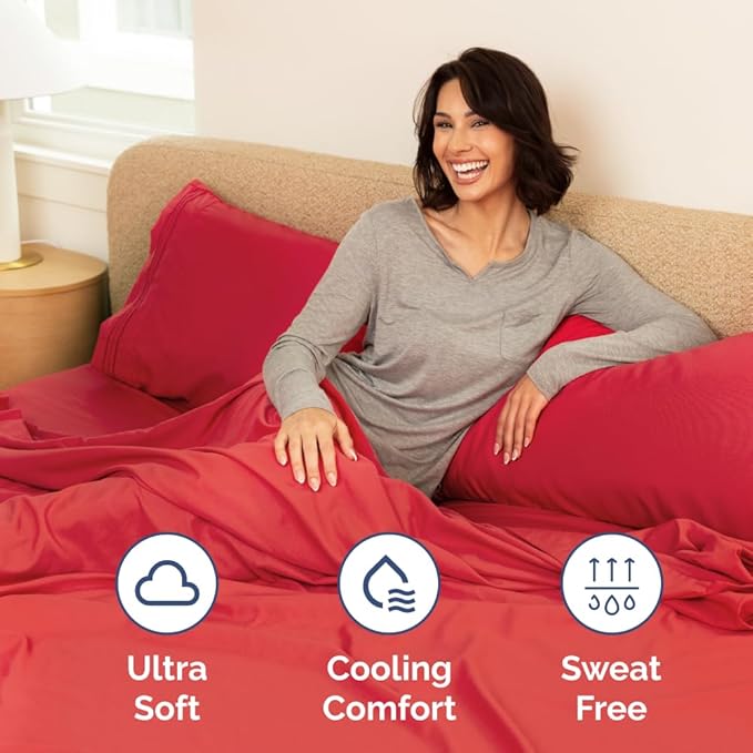 RV Short Queen Sheet Set 60 X 75 - 4 Piece RV Short Queen Bed Sheets - Ultra Soft, Breathable & Cooling - Designed for Bunks, Trailers & Campers - Fits 8” to 12" Mattress - Hotel Luxury Bedding - Red