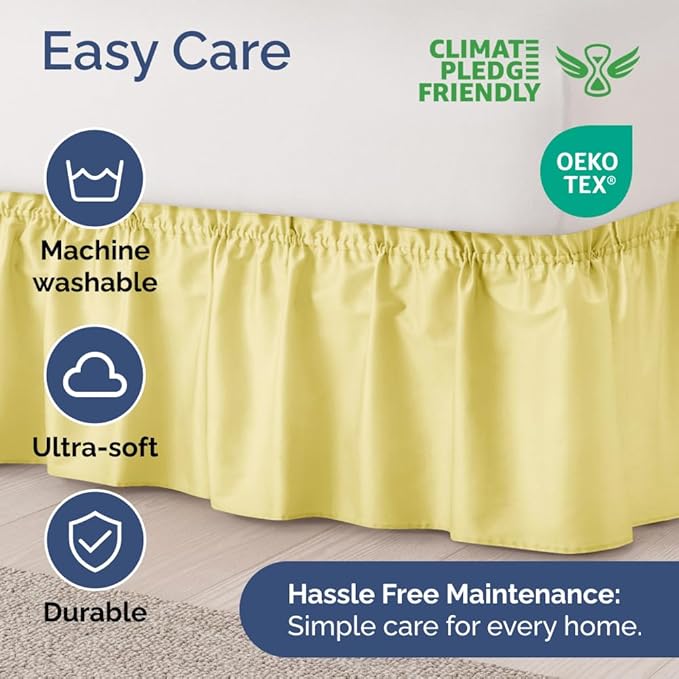 Wrap Around Dust Ruffle Bed Skirt - Yellow - for Full Size Beds with 12 Inch Drop - Easy Fit Elastic Strap - Adjustable Pleated Bedskirt w/Brushed Fabric - Wrinkle Free - for Women, Men, Kids & Teens