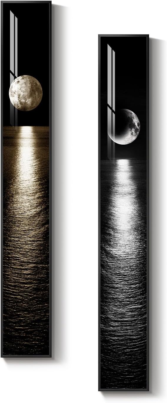Framed Vertical Moon Wall Art Set of 2, Modern Black White Gold Landscape - Image 8