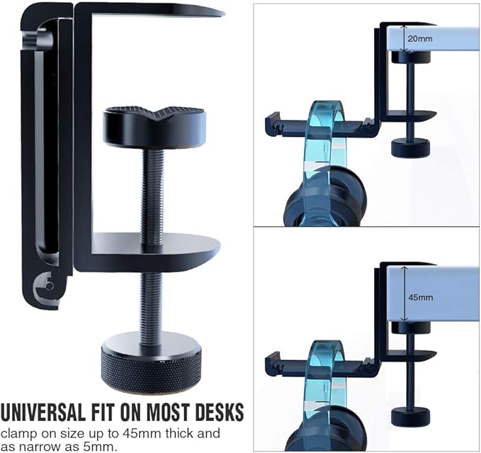 APPHOME 2Pack Upgrade Foldable Headphone Stand Under Desk PC Gaming Headset Hanger Holder Hook Clamp with Built in Cable Clip Organizer Space Save Mount Fold Upward Not in Use, Universal Fit, Black