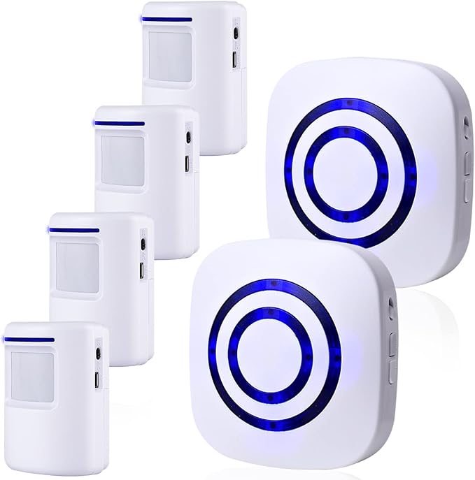 BESTOONE Motion Sensor Alarm, Long Range Wireless Driveway Alarm, Indoor Home Security System Electric Doorbells, 4 Motion Detector and 2 Alarm, 38 Chime Tunes, LED Indicator