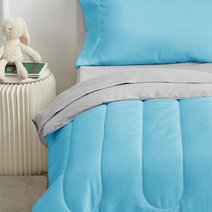 UOZZI BEDDING 4 Pieces Toddler Bedding Set Ultra Soft and Breathable Toddler Sheet Set - Includes Comforter, Flat Sheet, Fitted Sheet and Pillowcase - Blue & Gray