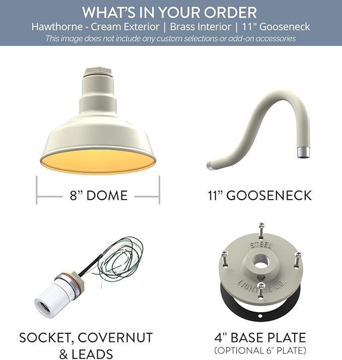 Steel Lighting Co. Hawthorne Barn Light | Outdoor Wall Mounted | 8 inch Dome | 11" Gooseneck | Small Farmhouse Light Made in America | Cream Exterior/Brass Interior