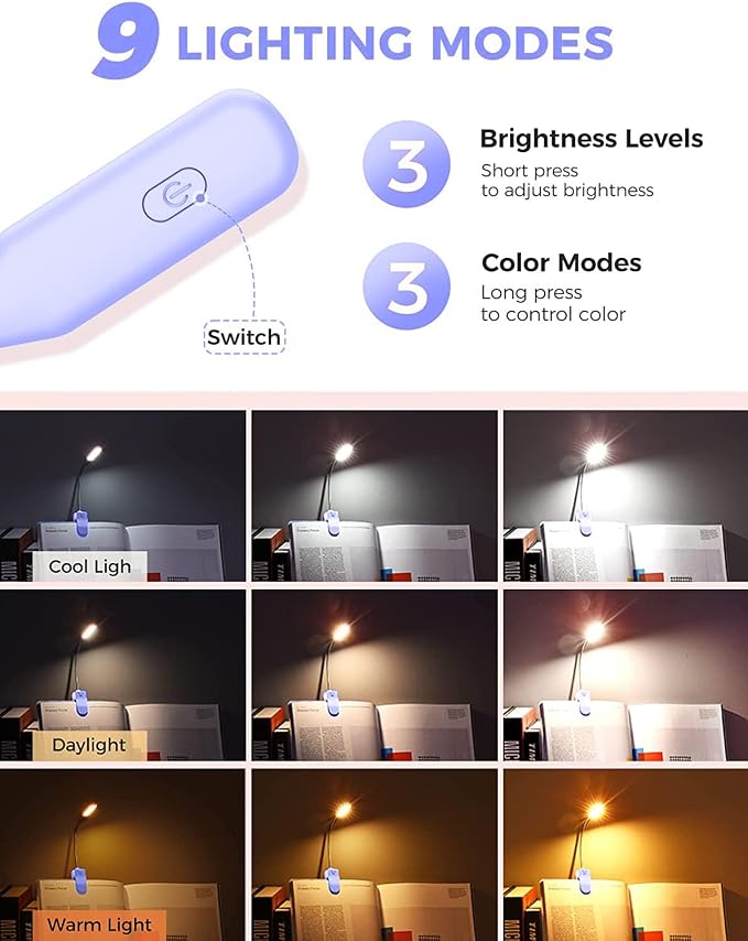 Rechargeable Book Light for Reading in Bed, 80H Reading, 3 Brightness Levels & - Image 2