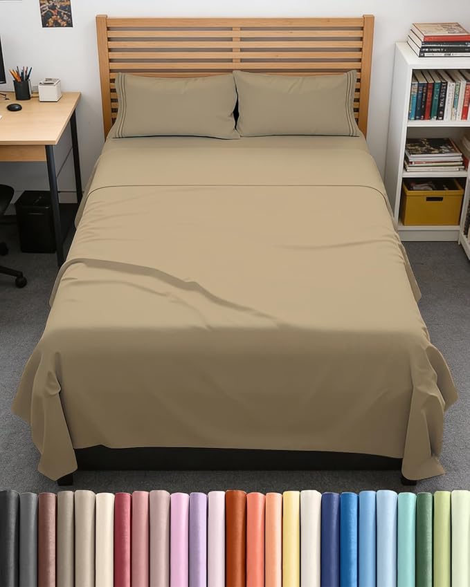 Full XL Bed Sheet Set - 4 Piece Extra Long Extended Full XL Sheets - Soft, Breathable & Cooling - Fits 8" to 16" Mattress with Deep Pockets - 54" x 80" - Easy-Fit, Wrinkle and Fade Resistant - Beige
