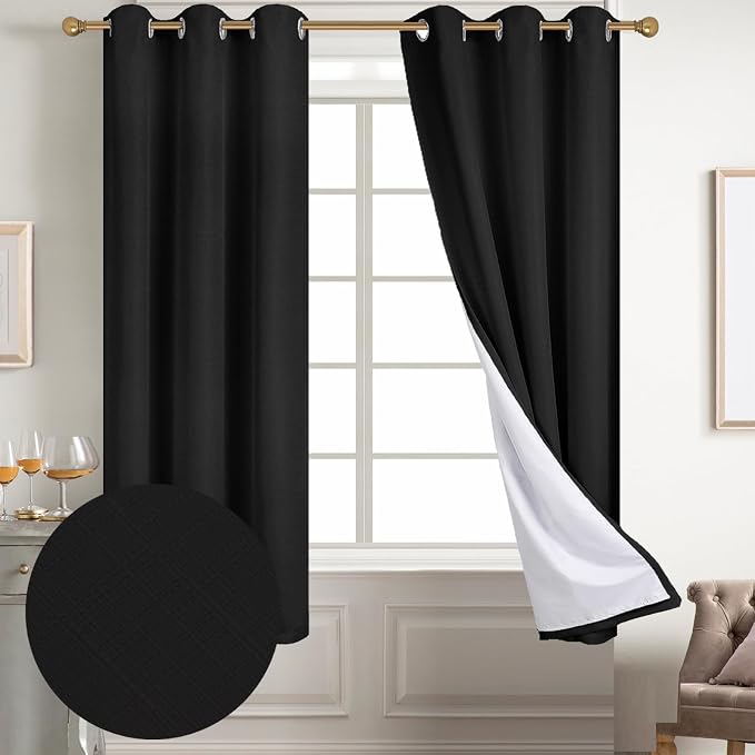 Diraysid 100% Blackout Curtains Black Linen Curtains - Image 2