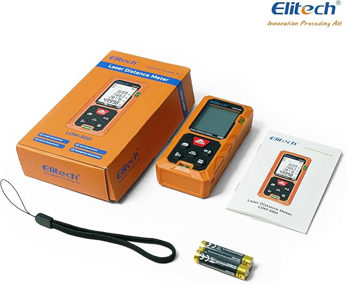 Elitech Laser Measuring Tool 165ft, Digital Laser Tape Measure with Dual Bubble Levels, 99 Data Memory & Mute, Ft/In/M High Precision Measuring Tool for Home Renovation & Decoration (Battery Included)