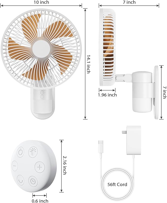 AURATHEA 10” Small Wall Mount Fan with Light and Remote Control, RV FAN with Powerful Airflow,90° Oscillating, 4 Speeds, Timer, 180° Adjustable Tilt, for Home/RV, Bedroom, Small Space Applications