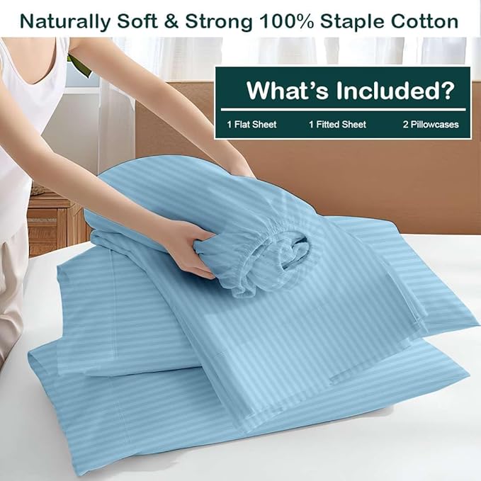 NON Sticky cotton Full Size Sleeper Sofa Sheets, 4 Piece Egyptian Cotton Bed Sheet Set for Sofa Bed, 6" Deep Pocket Fitted Sheet for Pull Out Couch Mattress, 54" x 75", Light Blue Stripe