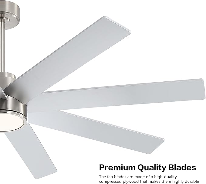 WINGBO 60" Large DC Ceiling Fans with Lights and Remote, 3 Downrods, 8 Plywood Blades, 6-Speeds Reversible DC Motor, 3CCT, Indoor Ceiling Fan for Bedroom Living Room Patio, Brushed Nickel and Silver