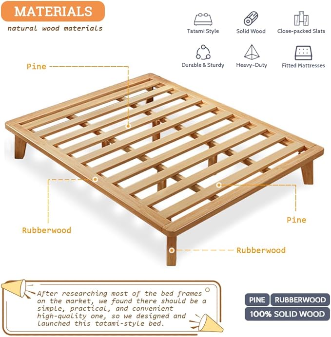 California-King Platform Bed Base - 14 Inch Solid Wood Mattress Foundation with Support Slats and Legs, California King Size Rubberwood Simple Bed Frame