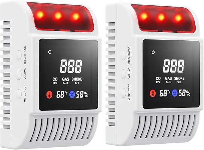 Nicbee 6-in-1 Smoke and Carbon Monoxide Detectors Plug in, Gas Leak Detector with Battery Backup, Adjustable Brightness & Volume Levels, Smoke Alarm with Temp/Humidity for Home, RV, Travel(2-Pack)