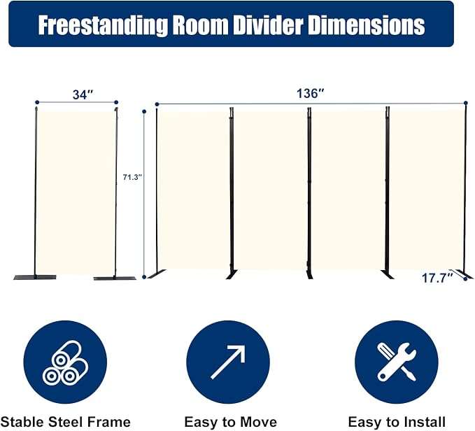 Room Divider 4 Panel-136''Wide, 6FT Room Dividers and Folding Privacy Screen | - Image 6