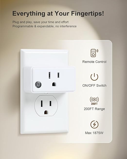 TREEWELL Remote Control Outlet, 200FT Long Range Wireless Light Switch, Mini Remote Outlet Plug, 15A/1875W High-Power for Lamps, Lights, Household Appliances, FCC & ETL Listed (5 Outlets + 2 Remotes)