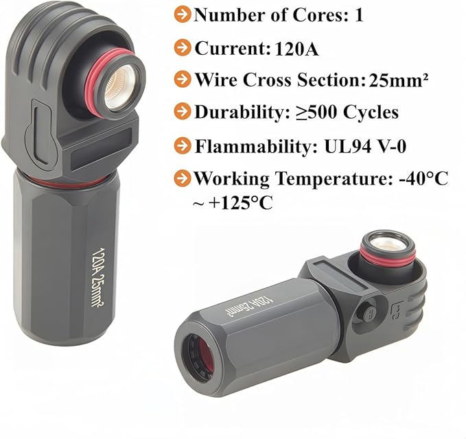 IP67 Waterproof 25mm² 120A High Voltage High Current Battery Energy Storage Connector Right Angle Single Core Plug,1PC (Black, 120A)