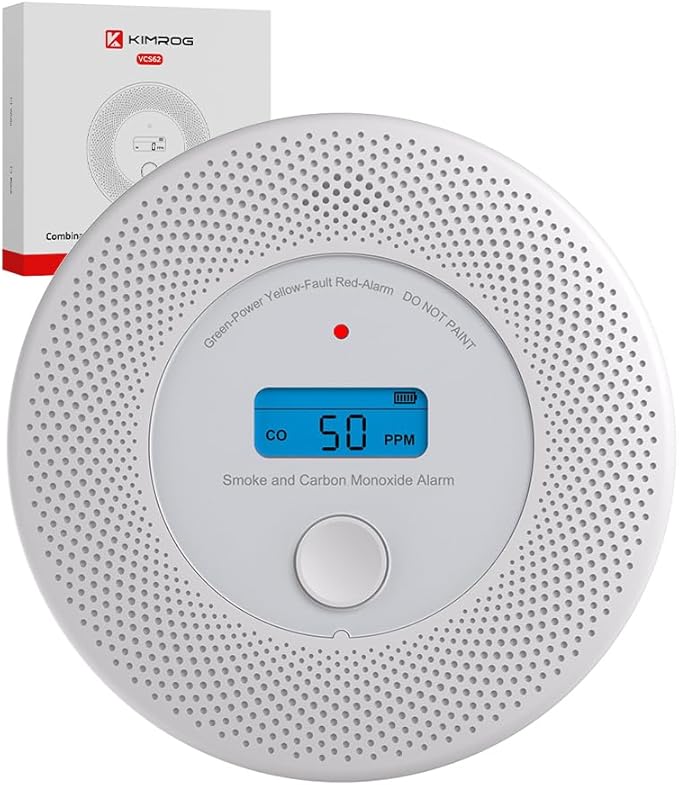 KIMROG 10-Year Sealed Battery 2-in-1 Smoke & Carbon Monoxide Detector Alarm | Home/Garage Combo CO & Smoke Alarm Detector with Backlit LCD Display & V-0 Flame-Retardant Housing (1-Pack)
