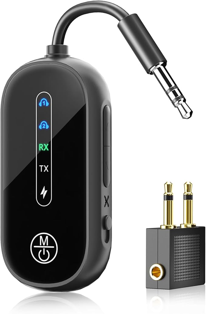 Dual Link Bluetooth 5.4 Transmitter Receiver for Airplane Travel 2-in-1 Bluetooth Adapter Airplane Travel Essentials Wireless Receiver, 3.5MM AUX Jack Adapter on Flight/TV/Car Stereo/Gym