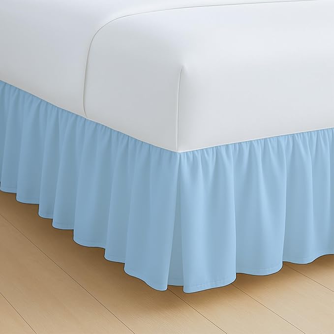 Rajlinen Ruffled Bed Skirt Queen, 21 Inch Drop Dust Ruffle with Split Corners, 100% Microfiber Bedskirt with Platform, Three-Sided Coverage Ruffled Gathering Design, Light Blue