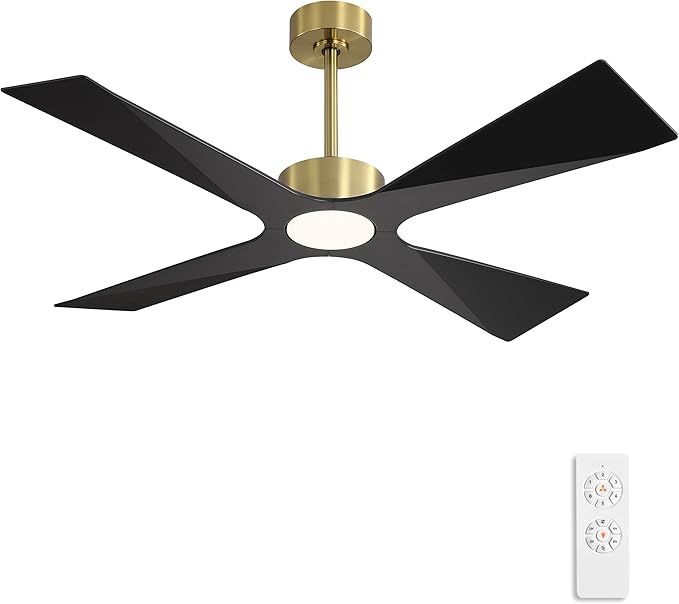 WINGBO 64" Wet Rated Outdoor Ceiling Fan with Lights, 4 ABS Plastic Blades, Reversible DC Motor, 6-Speed Remote Control, 3 CCT, Waterproof Ceiling Fan for Patio Porch Gazebo Garage, Brass and Black