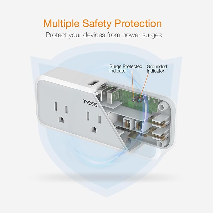Multi Plug Outlet Splitter, TESSAN Wall Surge Protector 5 Outlet Extender 3 USB Charger Adapter, 3 Way Multiple Power Electrical Plug Expander
