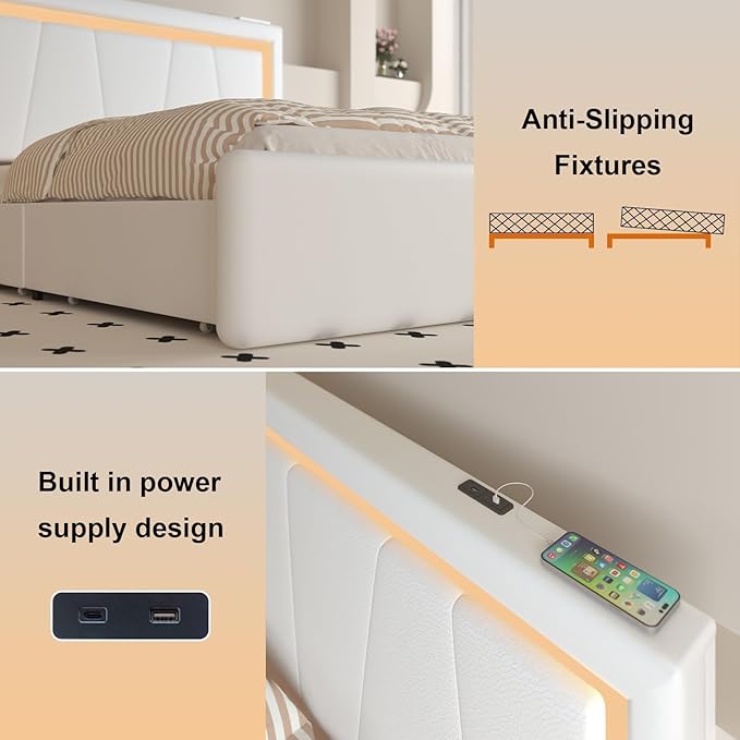 Queen Bed Frame with 4 Storage Drawers and Adjustable Headboard, Upholstered Platform LED Bed with Type-C&USB Ports, Solid Wooden Slats Support, Faux Leather, Easy Assembly, Beige
