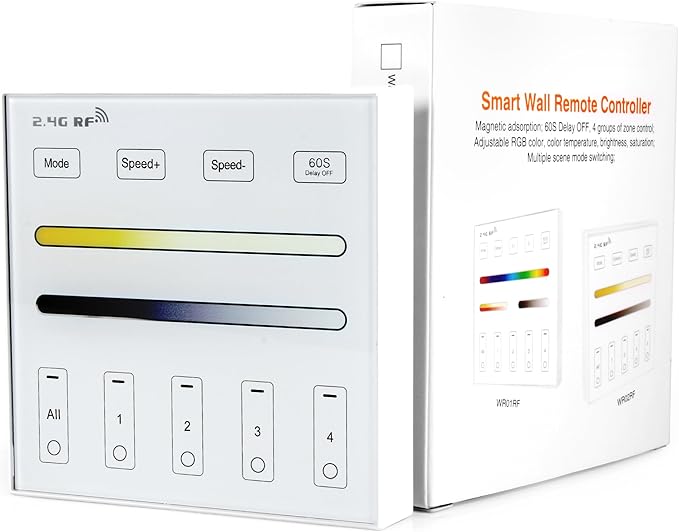 XXK WR02RF RF Panel Remoter, 4-Zone 2.4G Wall Mounted RF Remote Control Compatible with CCT LED Controller, 99ft Wireless Control 4 Channel Group Control for Home CCT LED Strip Lights