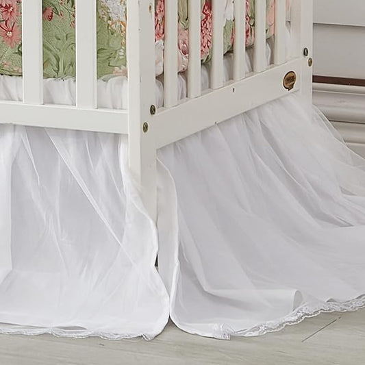 Brandream Crib Bed Skirt for Baby Girls Boys White Lace Tulle Ballerina Girls Dust Ruffle Double Layered with Solid Cotton Toddler Bedskirt