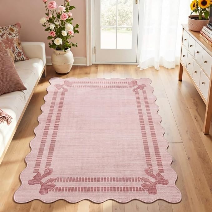Latte&Fog Washable 3x5 Entryway Rugs Pink Scalloped Cute Bow Area Rug | - Image 3