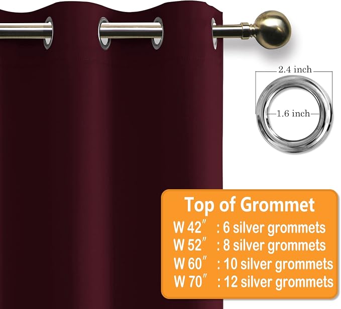 Grommet Blackout Curtains for Bedroom, 70 x 63 Inches, Burgundy | Thermal - Image 5