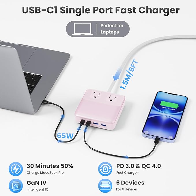 USB C Charger Block,135W GaN Fast Charging Station Hub,6-in-1 USB C Power Strip with 5ft Cord,2 AC & 2 USB A & C,PD 65W Laptop Charger for MacBook Air/Pro,iPhone16/15,Galaxy S24 etc