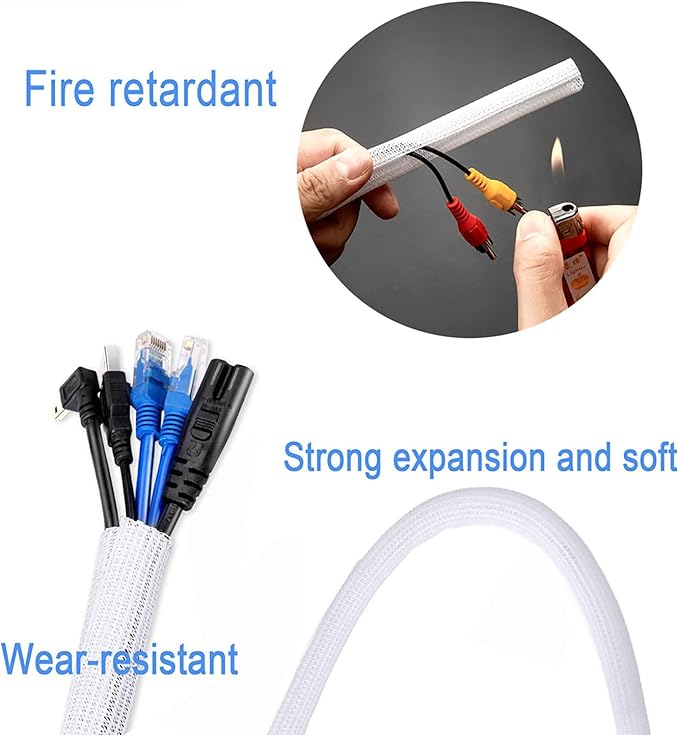 QCSIW 3/8"-50ft Braided Cable Sleeve Protector - Self-Wrapping Split Wire Loom for TV, Computer, Home Theater, Engine Bay - Heavy-Duty Cord Organizer, White