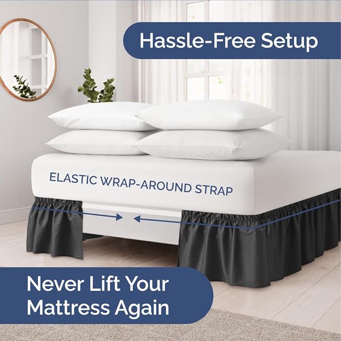 Wrap Around Dust Ruffle Bed Skirt - Black - for Queen Size Beds with 15 Inch Drop - Easy Fit Elastic Strap - Adjustable Pleated Bedskirt w/Brushed Fabric - Wrinkle Free - for Women, Men, Kids & Teens