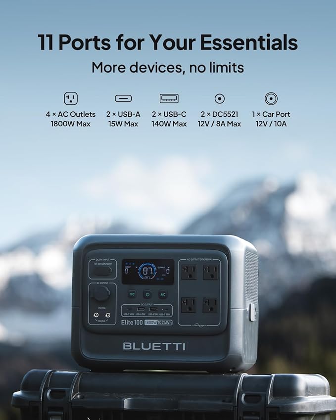 BLUETTI Elite 100 V2 Solar Generator with 100W Solar Panel (Ships Separately), 1024Wh Portable Power Station w/ 4 1800W AC Outlets, 35% Smaller, Ideal for Camping, Emergencies, Backup Power