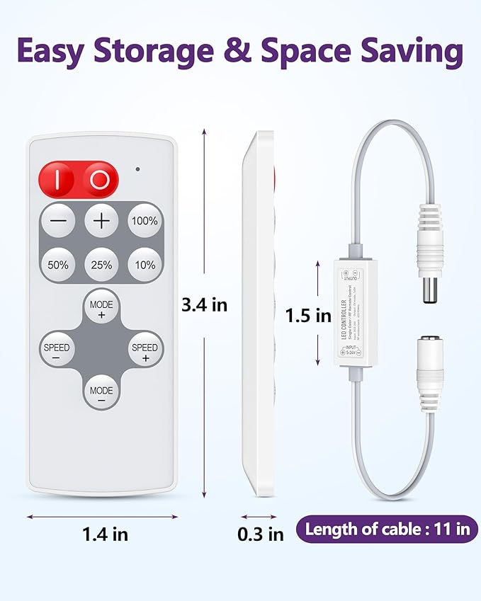 HitLights Mini RF Remote Controller for Single Color LED Strip Lights, DC 5-24V, 12-Key Wireless Dimmer with Dynamic Effect Mode, PWM Dimming Control, Ideal for Room, Home, Cabinet, DIY