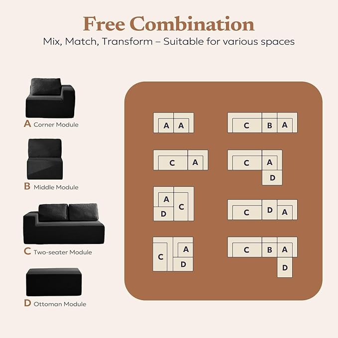 30" Modular Upholstered Foam Couch, Upholstered Floor Sofa Couch with Pillow, Bean Bag Chair for Bedroom Living Room, No Assembly Required (Black, Teddy Boucle)