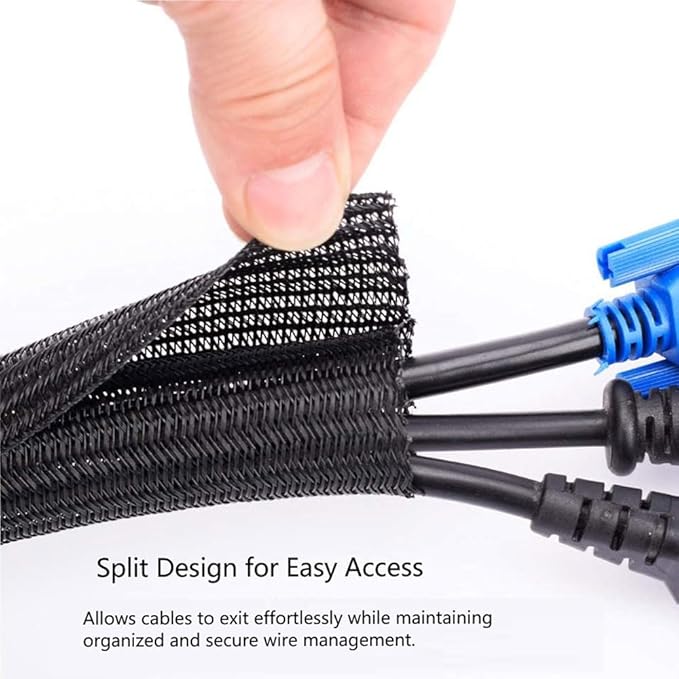 QCSIW 1/2" x 10ft Black/White Cable Sleeve - Protects Cords from Pets & Organizes Wires - Modern Style - Polyester Material - Flame Retardant - Easy to Use & Cut