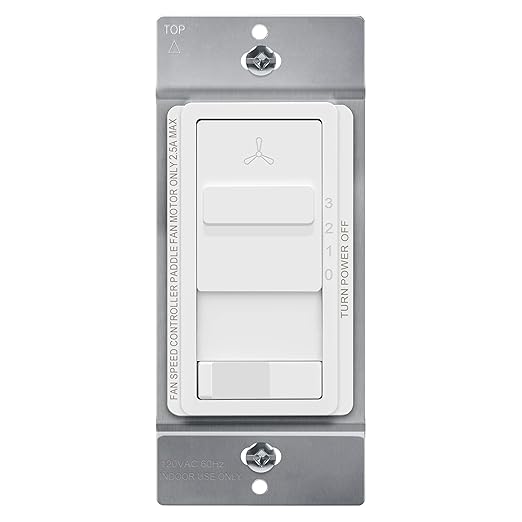 TOPGREENER Kalide Light Switch and 3-Speed Ceiling Fan Control Combo, in Wall Light and Fan Combination Switch, Single Pole, 2.5A, 720W, Neutral Wire Not Required, TGSFS3-W, White
