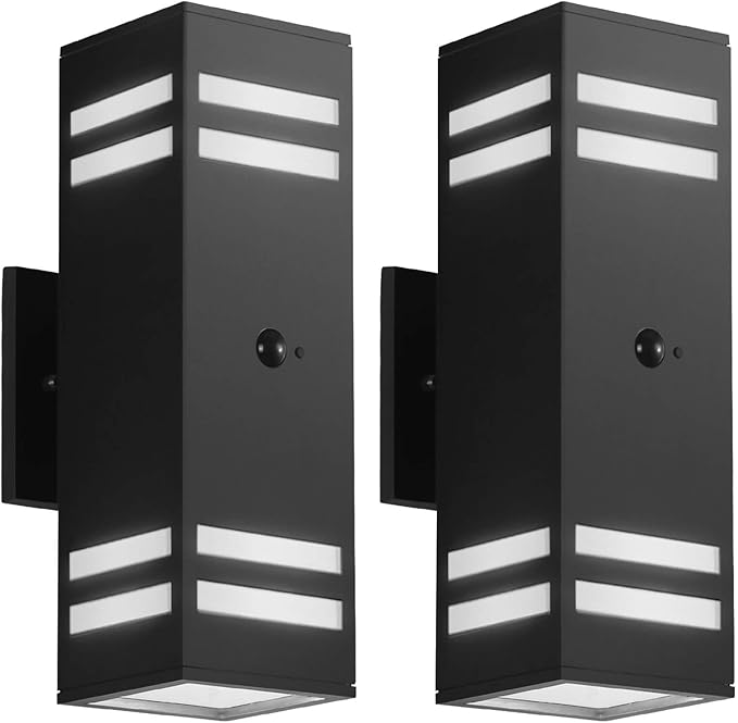 Zinola Motion Sensor Outdoor Lights 2 Pack, Modern Outdoor Wall Lights Black Exterior Lighting Fixtures, Square Motion Detector Lights for Outside, Waterproof Sconce for House Porch, Bulbs Included