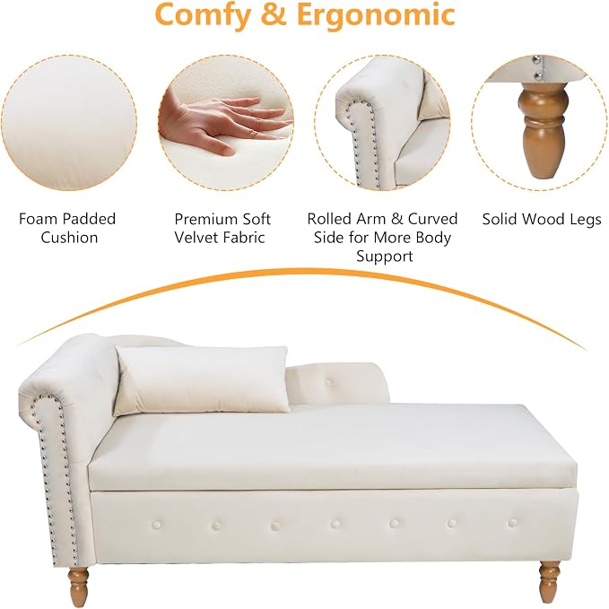 Aoowow Velvet Bedroom Storage Bench End of Bed, Rolled Arm Couch Indoor Chaise - Image 3