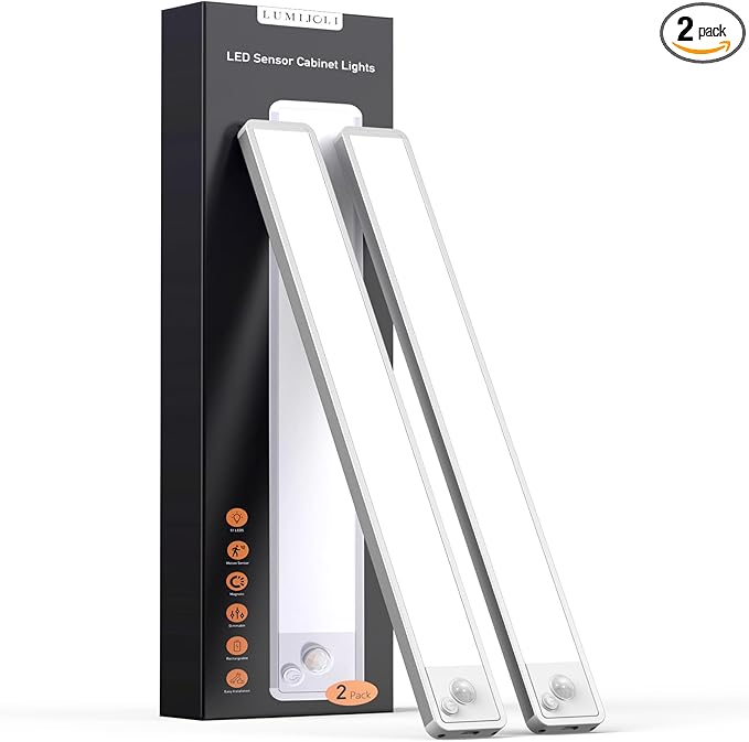 LUMIJOLI 2 Pack Under Cabinet Lighting Wireless 10inch LED Motion Sensor Magnetic Light 2200maAh Rechargeable Indoor Closet Lights for Kitchen, Stairs Cool White