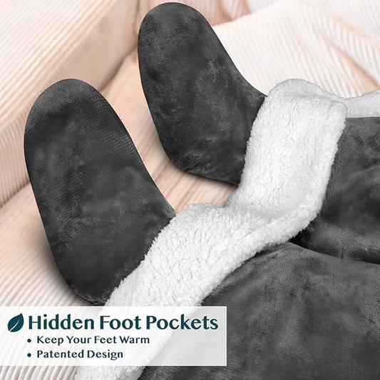 PAVILIA Sherpa Blanket with Sleeves, Foot Pocket for Women Men Adults, Thick Wearable Blanket Throw Wrap, Fleece Warm Snuggle Blanket Robe, Cozy Gift Ideas Wife Mom, Dark Gray