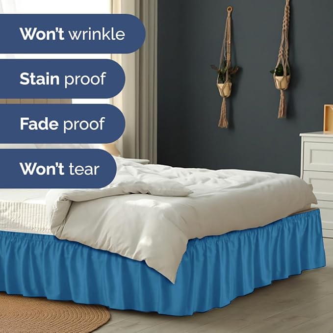 Wrap Around Dust Ruffle Bed Skirt - Denim Blue - for Full Size Beds with 18 Inch Drop - Elastic Strap - Adjustable Pleated Bedskirt with Brushed Fabric and Wrinkle Free - for Women, Men, Kids & Teens