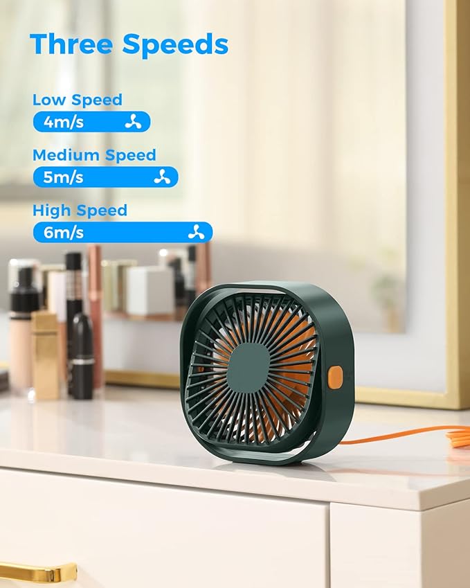 RJVW 4 Inch Small USB Desk Fan, 3-Speed Portable & 360°Rotatable Mini Cooling Fan, USB-Powered Desktop Fan for Home Office Bedroom Dorm Indoor Outdoor Summer Gift